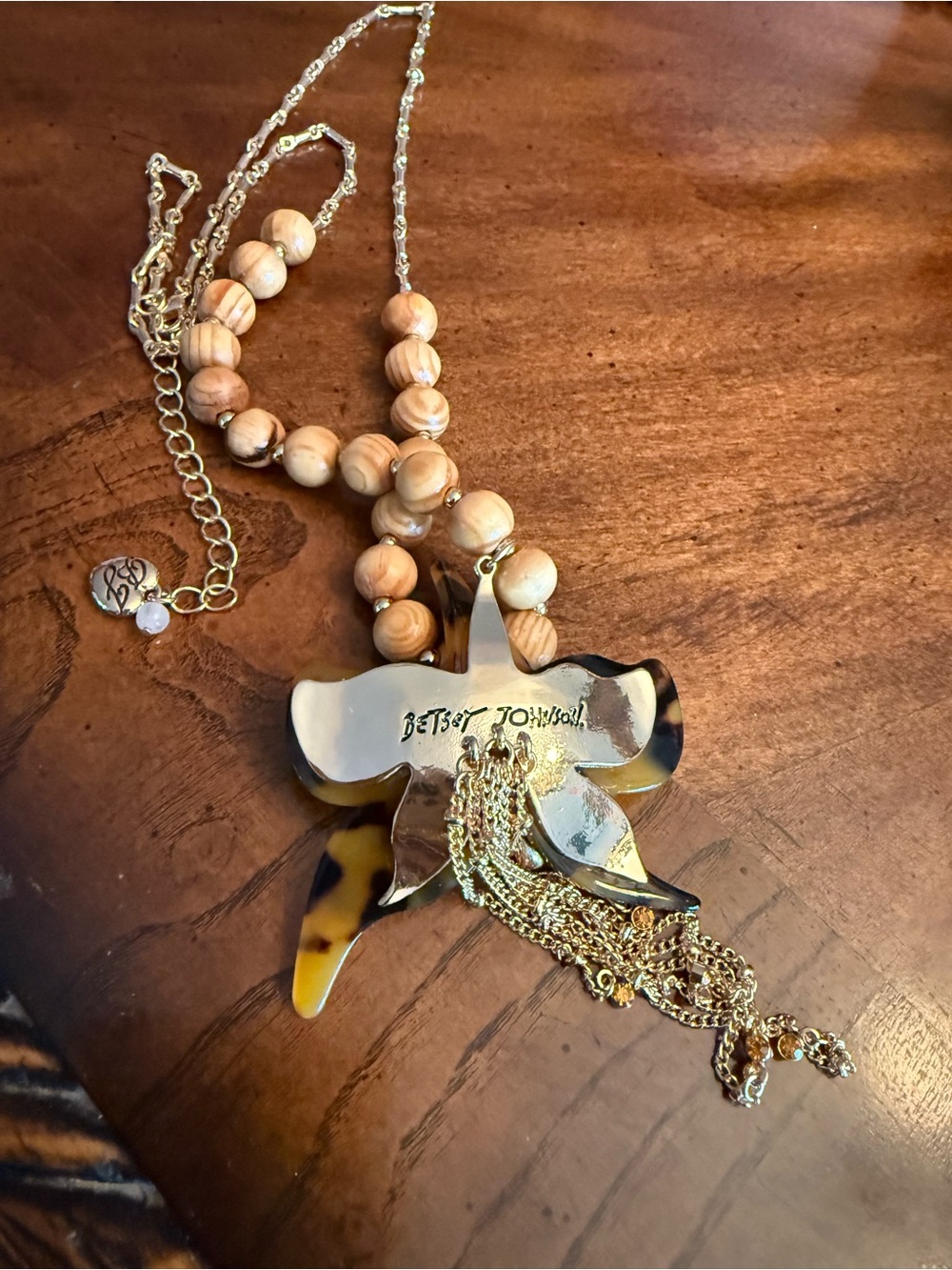 Betsy Johnson Wood Bead Necklace with Tortoiseshell Flower Pendant - Gold Accent - Picture 3 of 3
